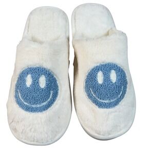 Smiley Face Blue/White Teddy House Slippers US Size 8-9 EU Size‎ 42-43 Comfort